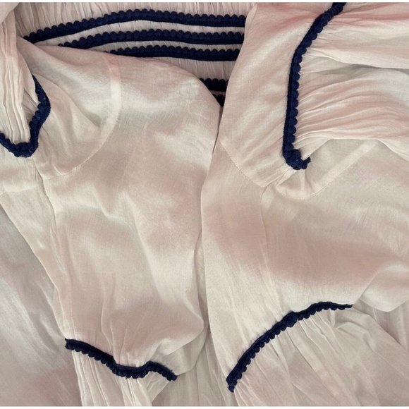 V. DE. Vinster White V-Neck Navy Blue Mini Pom Pom Details Easy Wear Dress Sz S - Picture 7 of 7